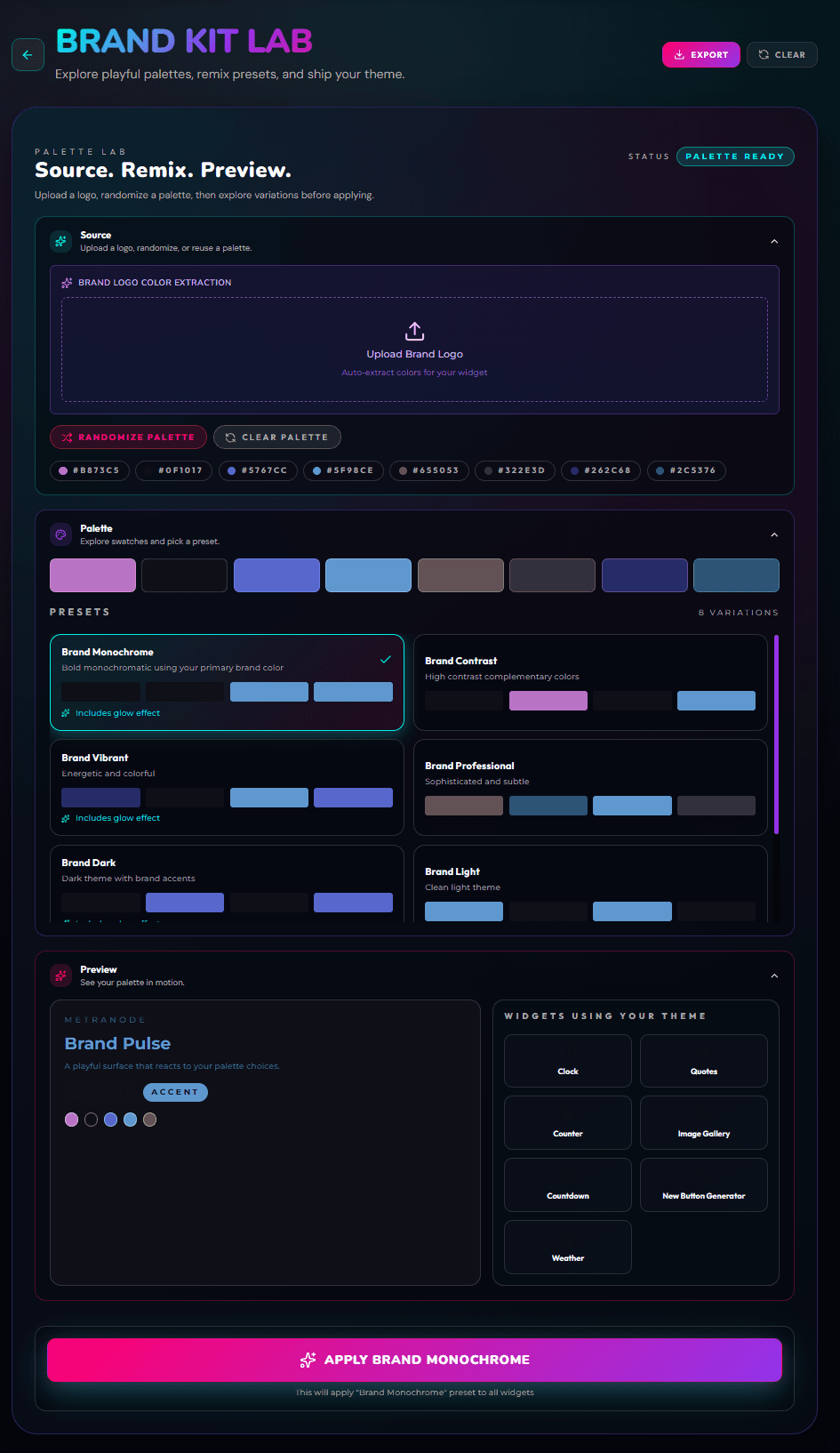 MetraNode Brand Kit Lab screenshot